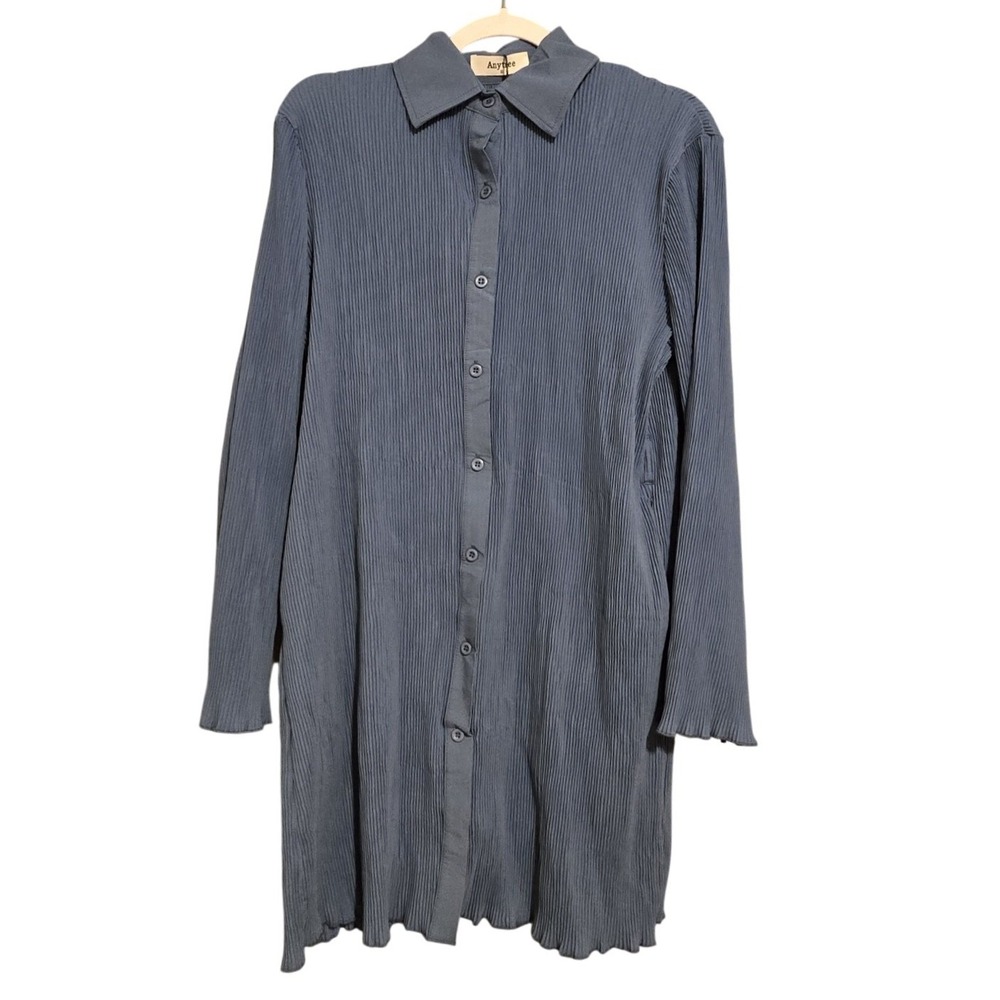 Anytree Blue Womens Pleated Long Sleeve Shirt Dress Size Small Retail $45